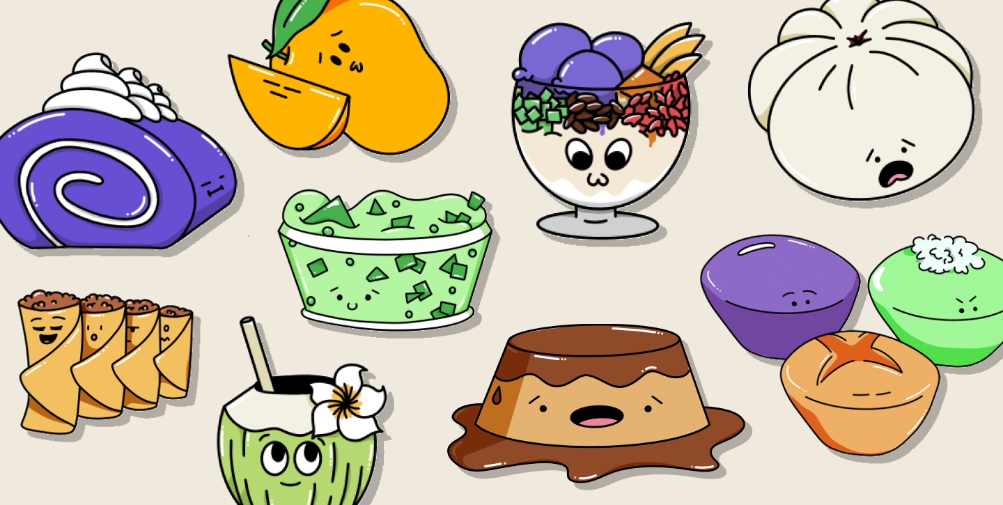 pattern of cartoon food illustrations including ube roll cake, lumpia, mango, buko pandan, leche flan, halo halo, siopao, puto and coconut water